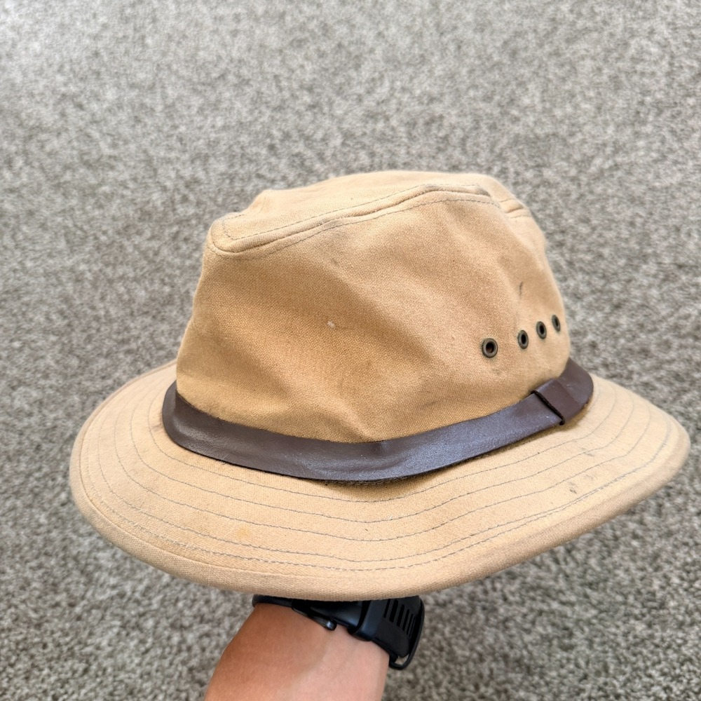 VTG Filson Tin Cloth Packer Hat Large Faded Leather Band USA Made Logger PNW